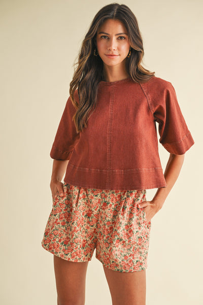 off the cuff denim tie back top | brick