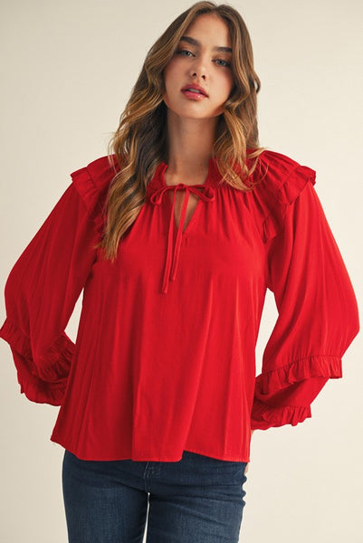 side to side ruffle accent top | red