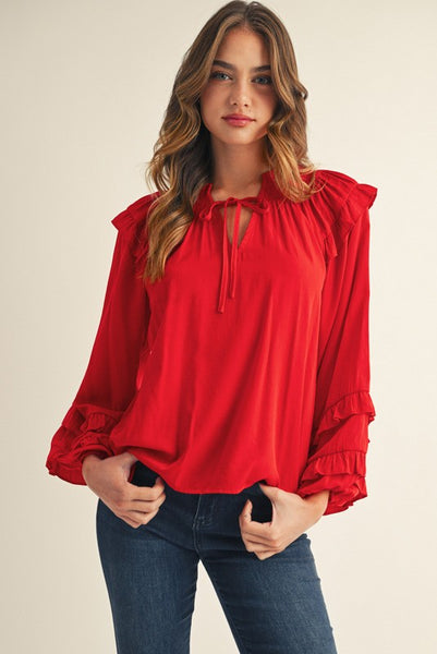 side to side ruffle accent top | red
