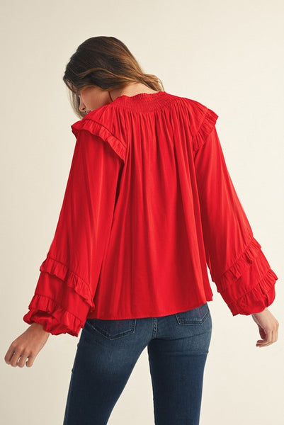 side to side ruffle accent top | red