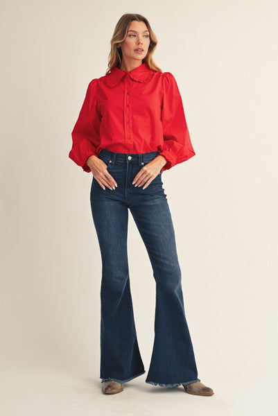 in case you forgot ruffle accent button down top | red