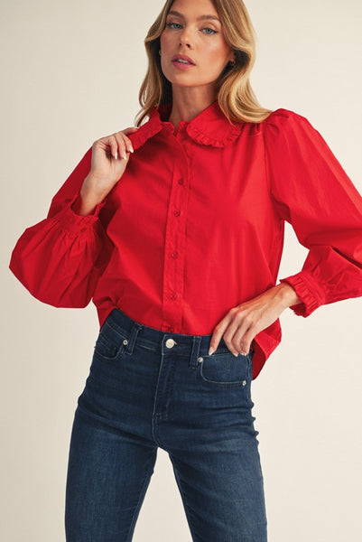 in case you forgot ruffle accent button down top | red