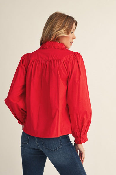 in case you forgot ruffle accent button down top | red