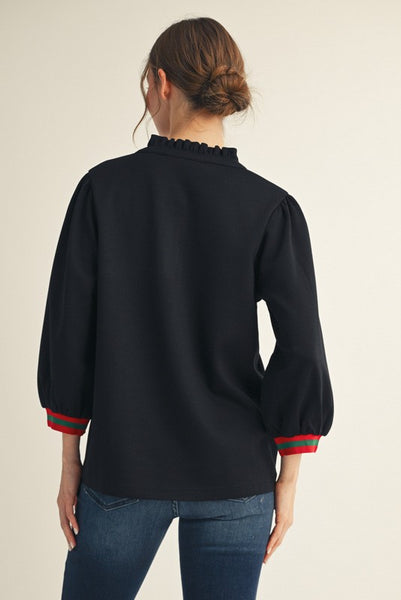 fall for it stripe contrast ruffle neck top | black