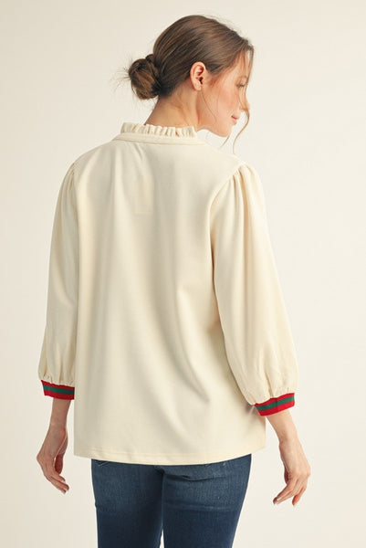 fall for it stripe contrast ruffle neck top | ivory