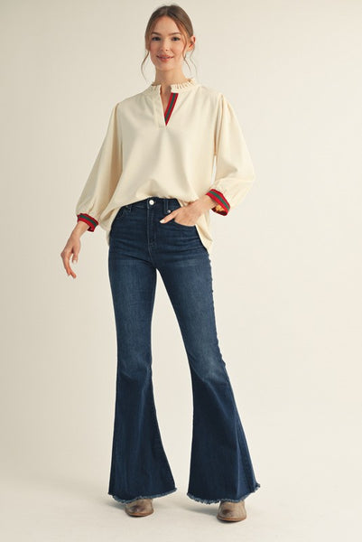 fall for it stripe contrast ruffle neck top | ivory
