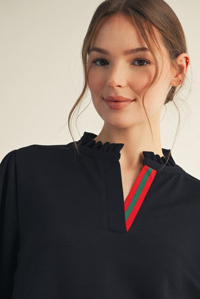 fall for it stripe contrast ruffle neck top | black