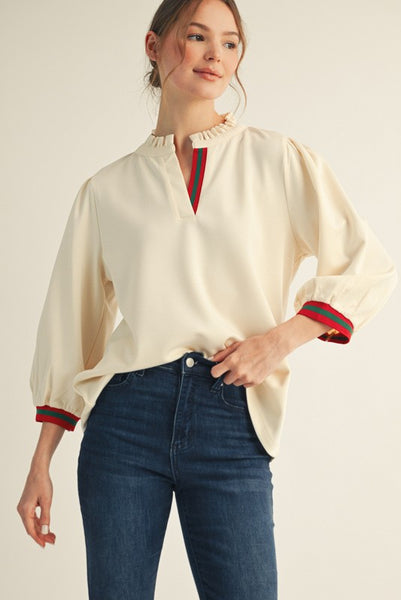 fall for it stripe contrast ruffle neck top | ivory