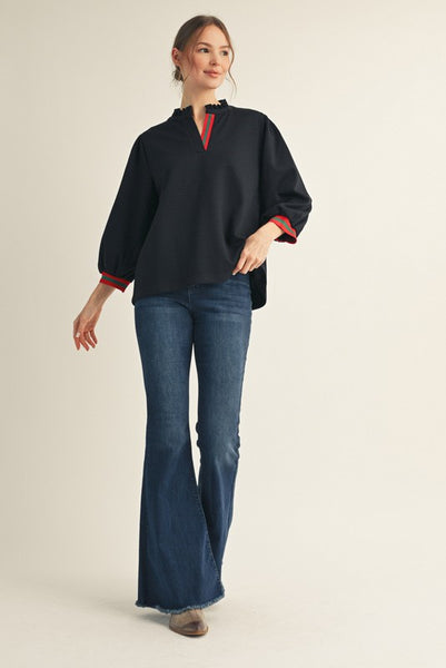 fall for it stripe contrast ruffle neck top | black