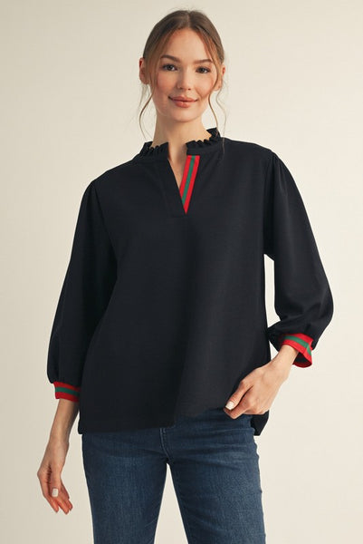 fall for it stripe contrast ruffle neck top | black