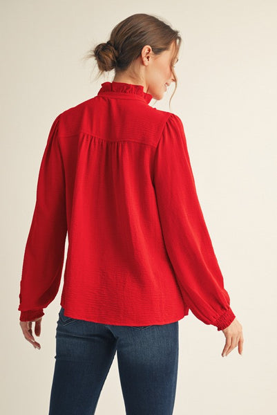 own the evening ruffle accent top | tomato red