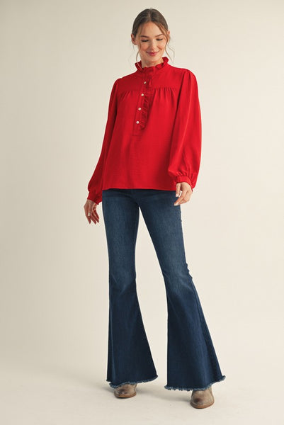 own the evening ruffle accent top | tomato red