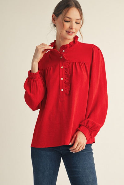 own the evening ruffle accent top | tomato red