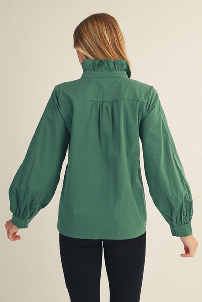chic upgrade ruffle accent button up top | pine green