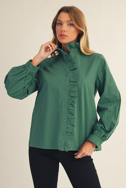chic upgrade ruffle accent button up top | pine green