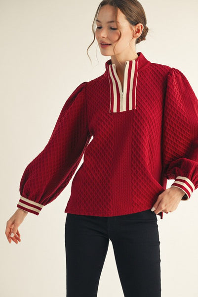 still with you quarter zip textured top | burgundy