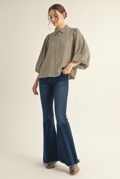 keeping a promise pleated shoulder striped button up | light taupe