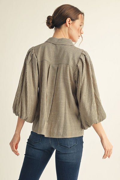 keeping a promise pleated shoulder striped button up | light taupe