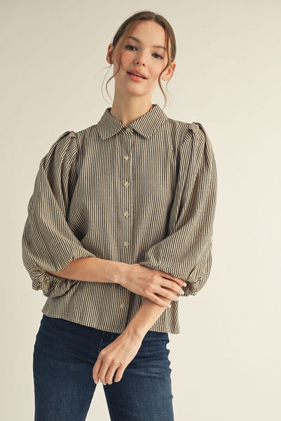 keeping a promise pleated shoulder striped button up | light taupe
