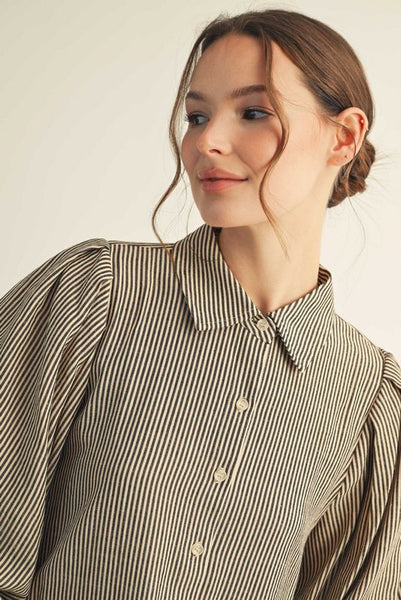 keeping a promise pleated shoulder striped button up | light taupe