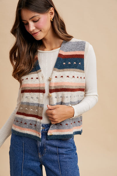 polished ease striped button down sweater vest | oatmeal + teal