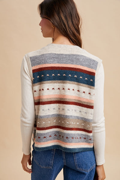 polished ease striped button down sweater vest | oatmeal + teal
