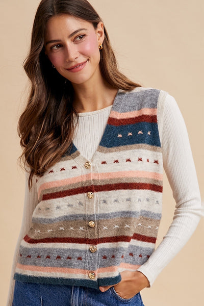 polished ease striped button down sweater vest | oatmeal + teal