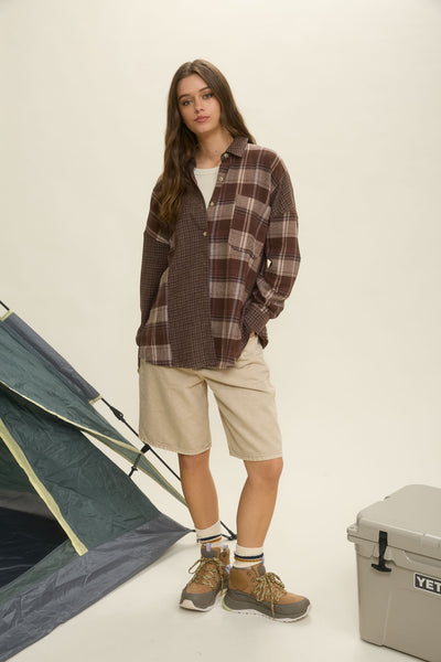 days like this colorblock plaid button down shirt | brown multi