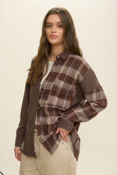 days like this colorblock plaid button down shirt | brown multi