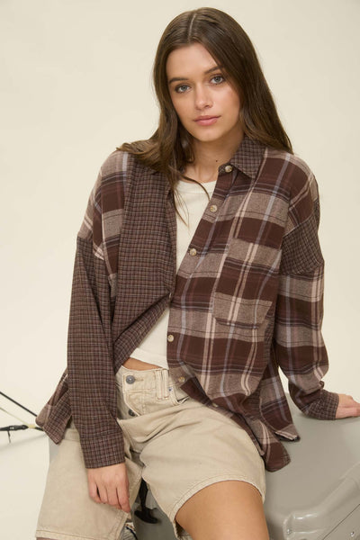 days like this colorblock plaid button down shirt | brown multi