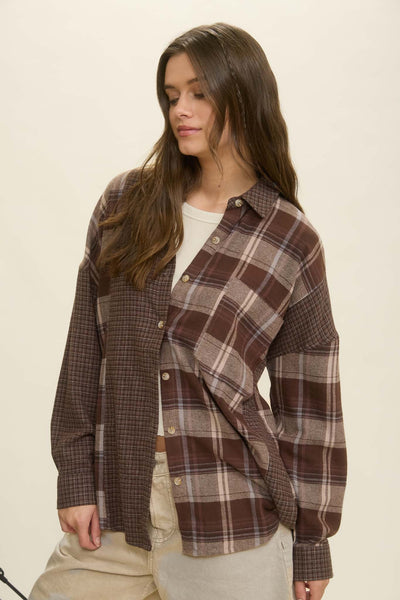 days like this colorblock plaid button down shirt | brown multi