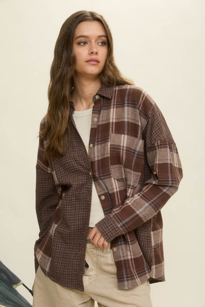 days like this colorblock plaid button down shirt | brown multi