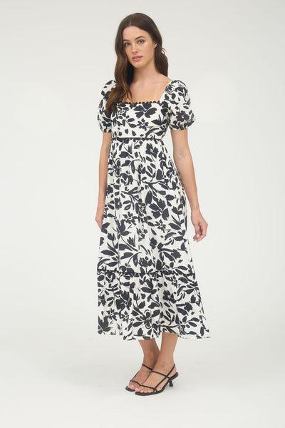 follow the feeling floral puff sleeve midi dress | black
