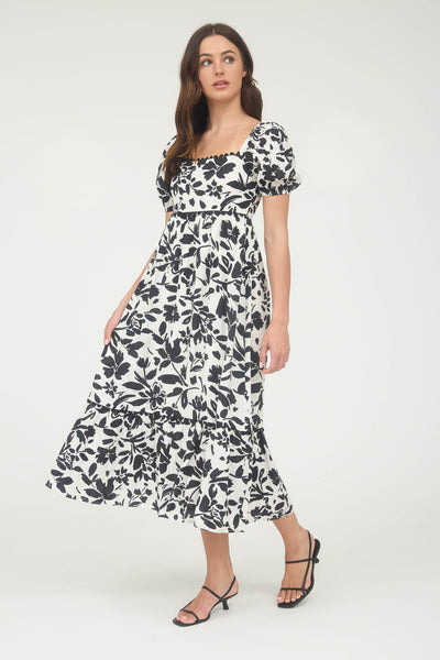 follow the feeling floral puff sleeve midi dress | black