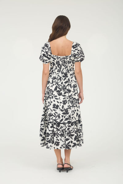 follow the feeling floral puff sleeve midi dress | black