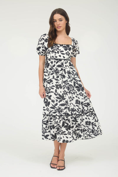 follow the feeling floral puff sleeve midi dress | black