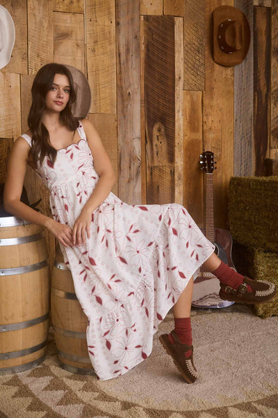gentle bloom floral scallop trim midi dress | burgundy