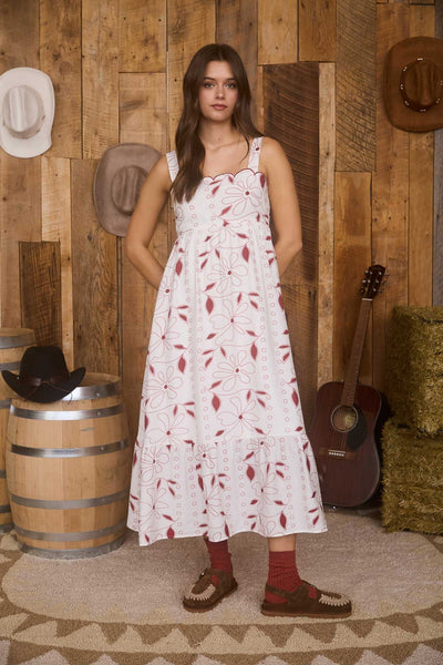 gentle bloom floral scallop trim midi dress | burgundy