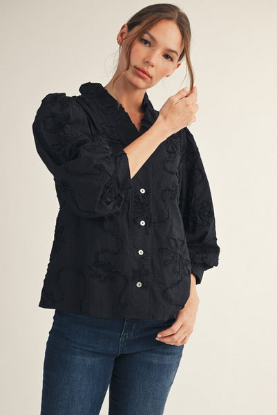 just one chance floral embroidered button up top | black