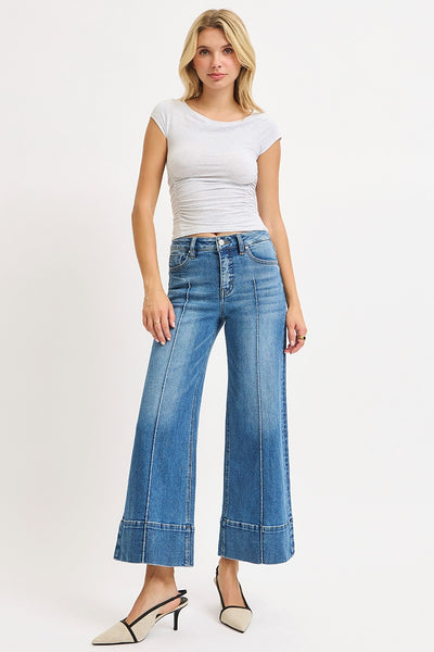 marshall tummy control mid-rise crop wide leg pintuck jeans | medium wash
