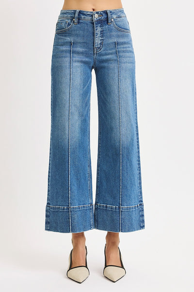 marshall tummy control mid-rise crop wide leg pintuck jeans | medium wash