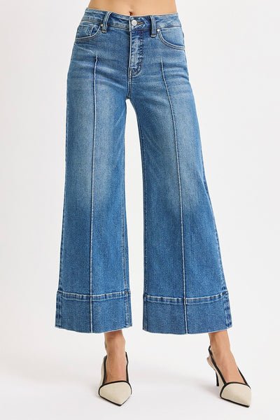 marshall tummy control mid-rise crop wide leg pintuck jeans | medium wash