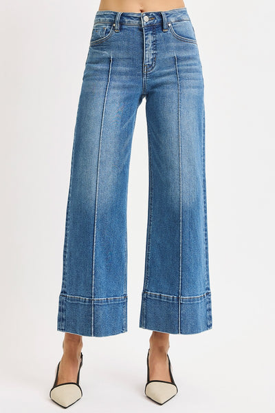 marshall tummy control mid-rise crop wide leg pintuck jeans | medium wash