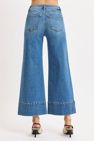 marshall tummy control mid-rise crop wide leg pintuck jeans | medium wash