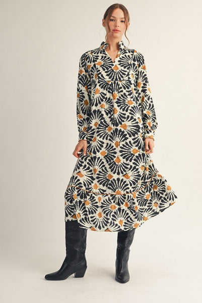 sweet melody abstract boho midi dress | black