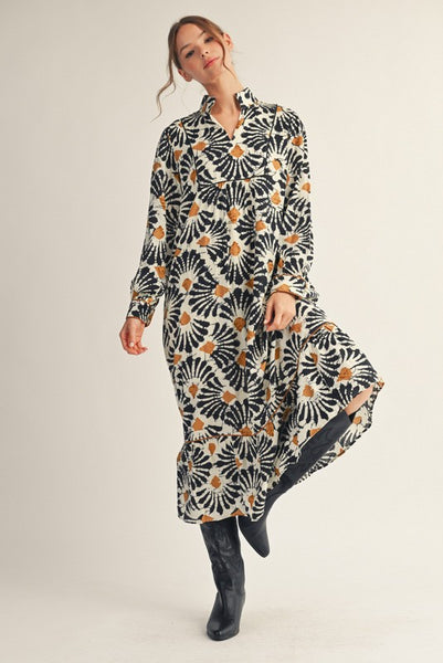 sweet melody abstract boho midi dress | black