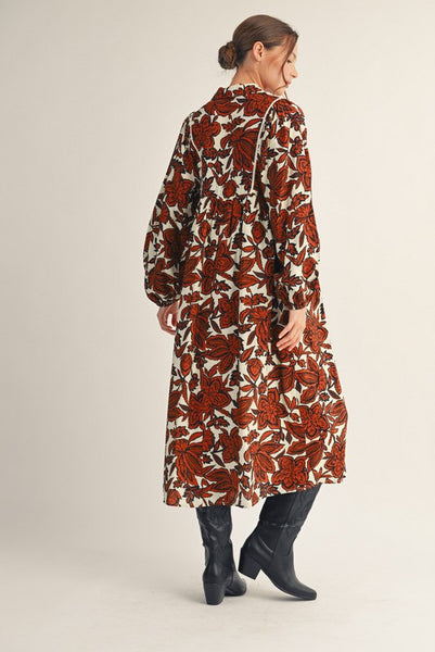 keep your composure smocked floral midi dress | brown