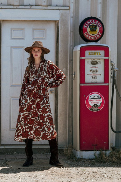 keep your composure smocked floral midi dress | brown