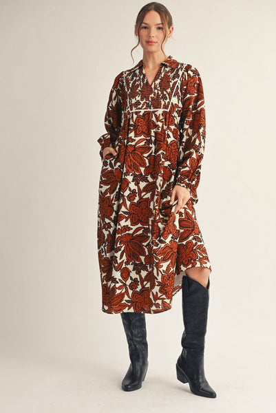 keep your composure smocked floral midi dress | brown