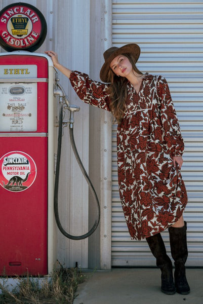 keep your composure smocked floral midi dress | brown
